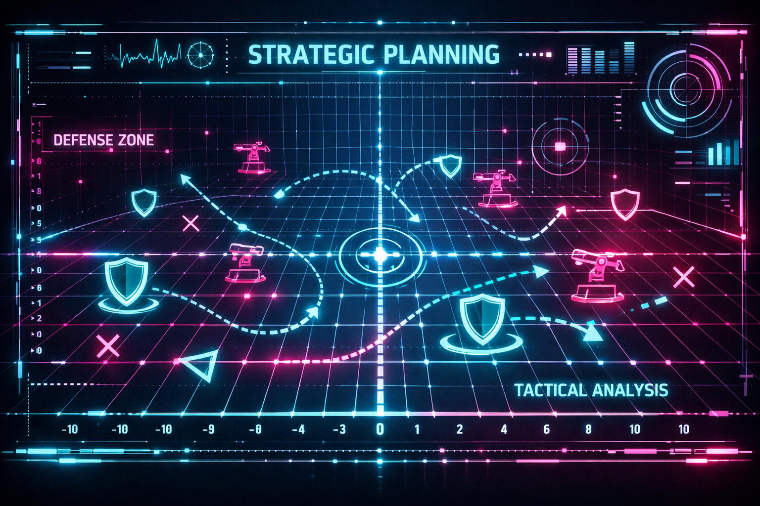 Neon ızgara deseni üzerinde strateji planlama görseli